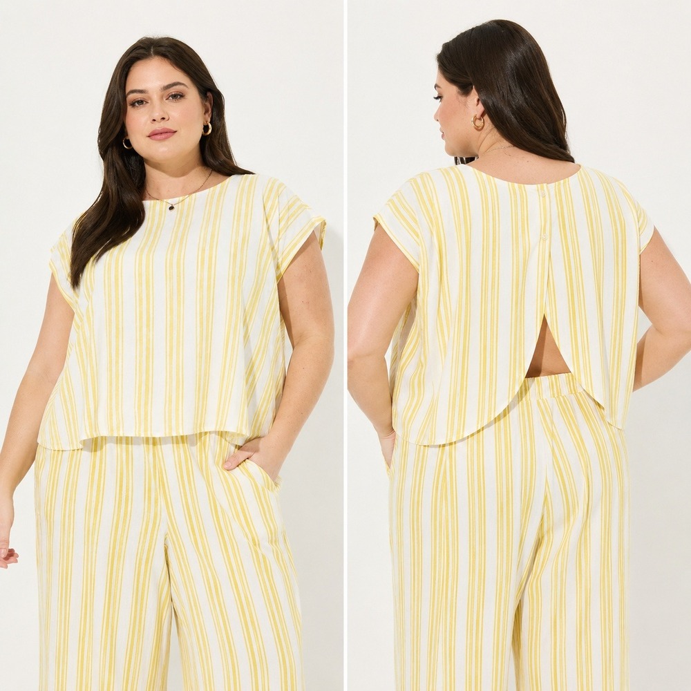 Torrid Yellow White Striped Linen Blend Split Tulip Back Sleeveless Top Size 1